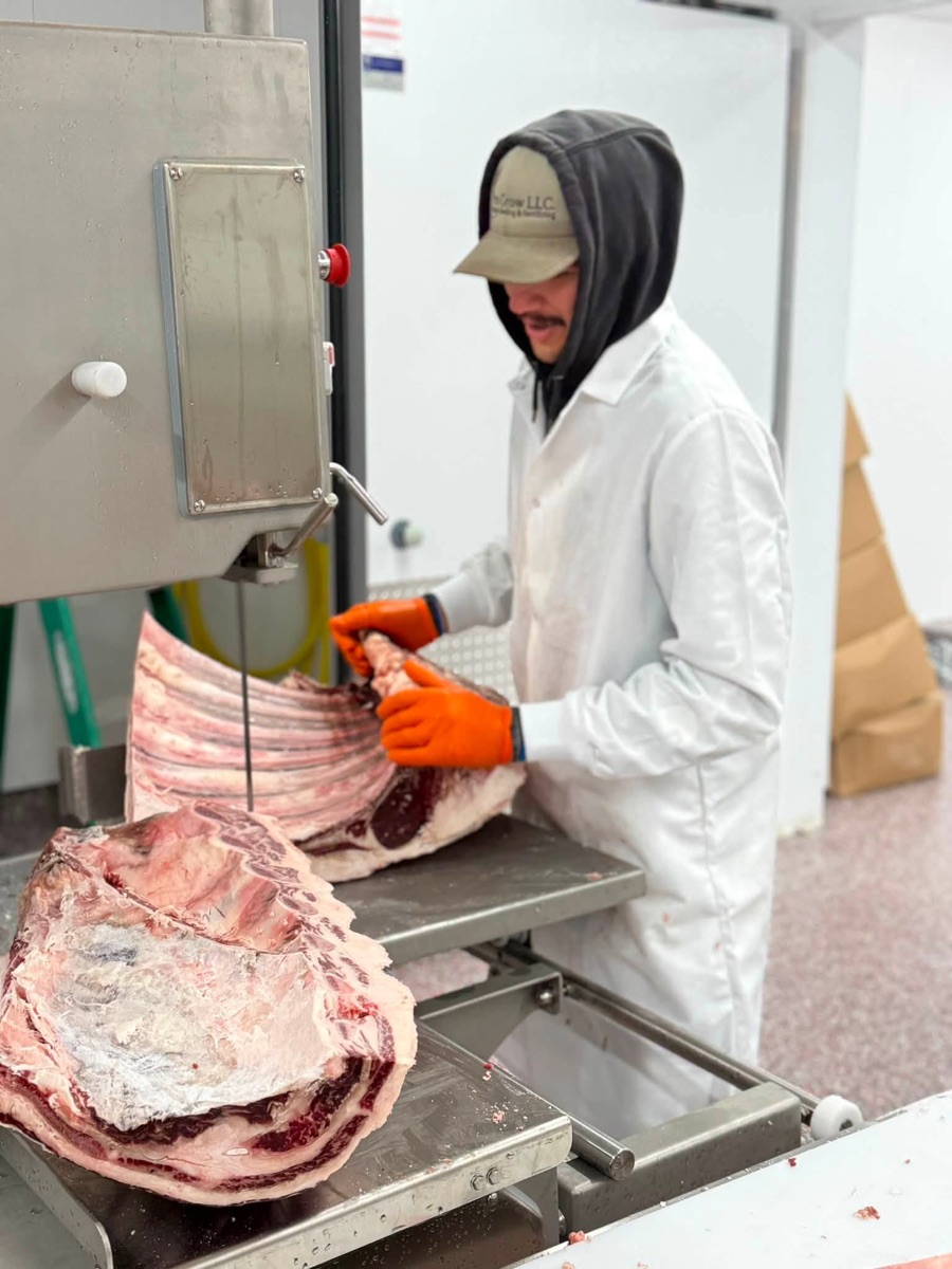 A butcher in a white coat guiding a beef rib section through the band saw.